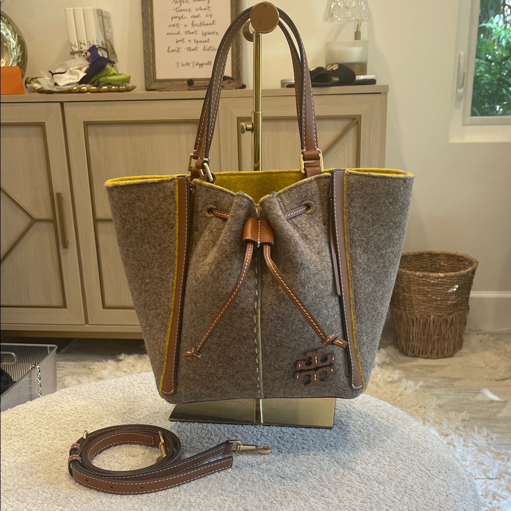 Tory Burch Drawstring Bag in Brown/Yellow Trim with Crossbody Strap